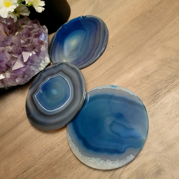 Set of 3 Perfectly Round Marine Blue ~ GENUINE Agate Coasters Slices - Picture 2 of 4